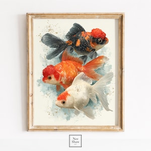 May include: Framed art print featuring three goldfish in shades of orange, black, and white. The fish have distinctive head crests and flowing fins, set against a light blue watercolor background. The artwork is in a gold-colored frame.