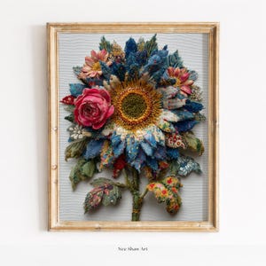 Vintage Sunflower Fabric Art Print – Cottagecore Patchwork Floral Textile (Download)