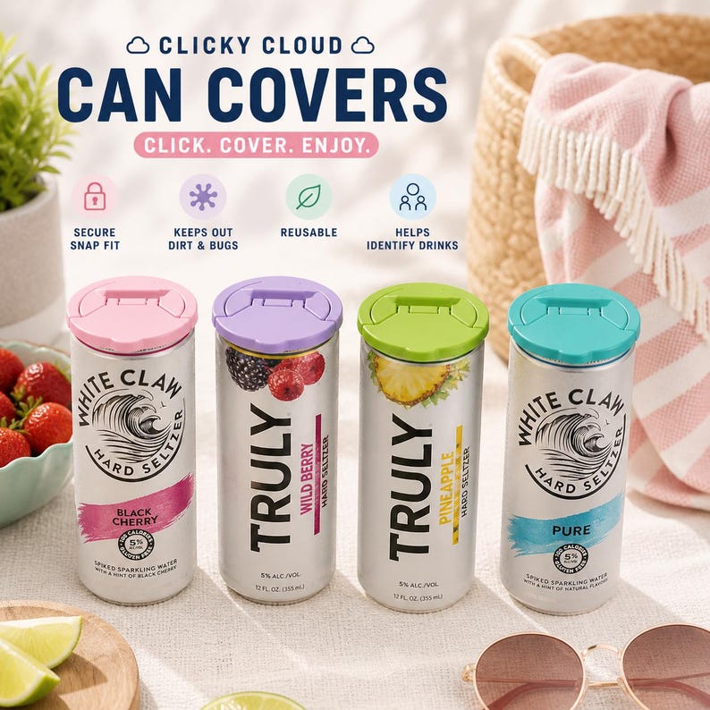May include: Image of four cans of hard seltzer with colorful can covers. The cans are labeled "White Claw" and "Truly" with different flavors. The can covers are pink, purple, green, and teal. The image also includes text that says "Clicky Cloud Can Covers."