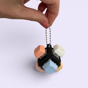 May include: A geometric keychain pendant with a black central structure and six pastel-colored, cube-shaped accents. The pendant is suspended from a silver ball chain. The colors include peach, white, light blue, and yellow.
