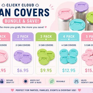May include: Image of Clicky Cloud can covers in various colors, including pink, purple, green, and blue. The image shows different pack sizes, from 1 to 5 covers, with the text "Bundle & Save!" and "Perfect for parties, families, events & everyday use!"