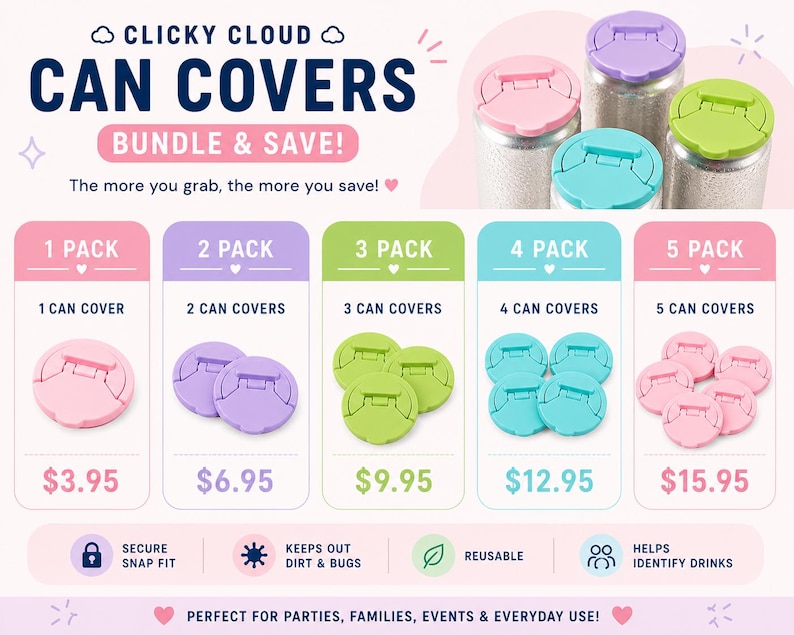 May include: Image of Clicky Cloud can covers in various colors, including pink, purple, green, and blue. The image shows different pack sizes, from 1 to 5 covers, with the text "Bundle & Save!" and "Perfect for parties, families, events & everyday use!"