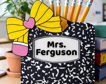 Personalized Teacher Pen Holder | 3D Printed Composition Notebook Desk Organizer