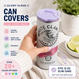 May include: A can of White Claw Hard Seltzer with a light purple can cover. The can cover is designed to fit 12 oz slim cans. The image also includes text that says "Click. Cover. Enjoy."
