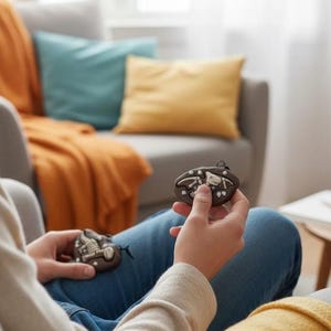 Peut inclure: Deux porte-cl&eacute;s ovales brun fonc&eacute; avec un motif de squelette sont tenus. Chaque porte-cl&eacute;s a une petite boucle noire en haut. L'arri&egrave;re-plan montre un salon avec un canap&eacute; gris, une couverture orange et des coussins jaunes et bleus.