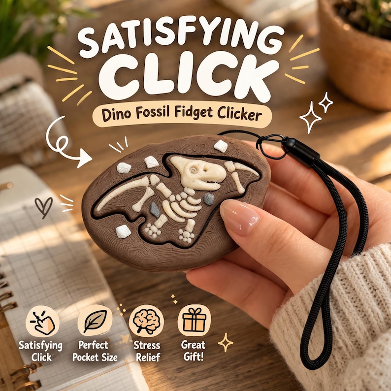 Peut inclure: Un Dino Fossil Fidget Clicker marron avec un cordon noir. Le clicker pr&eacute;sente un design de squelette de dinosaure avec le texte "SATISFYING CLICK" et des ic&ocirc;nes pour "Satisfying Click", "Perfect Pocket Size", "Stress Relief", et "Great Gift!"