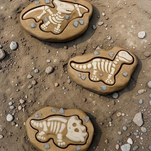 Peut inclure: Trois jouets d'excavation de fossiles de dinosaures de couleur beige avec des restes squelettiques blancs. Chaque jouet a une forme de dinosaure diff&eacute;rente, pos&eacute; sur une surface sablonneuse avec de petits cailloux.
