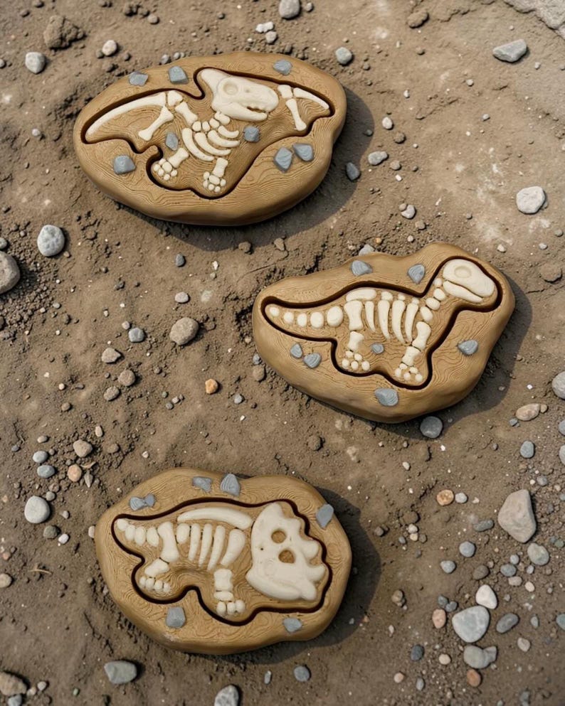 Peut inclure: Trois jouets d'excavation de fossiles de dinosaures de couleur beige avec des restes squelettiques blancs. Chaque jouet a une forme de dinosaure diff&eacute;rente, pos&eacute; sur une surface sablonneuse avec de petits cailloux.