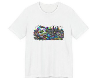 Colorful Soccer Ball Cityscape Tee | Urban Sports Graphic Shirt