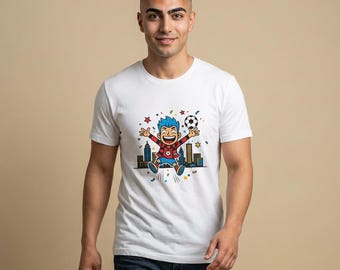 Soccer Kid Cartoon Tee | City Skyline, Confetti, Youthful Sports Design