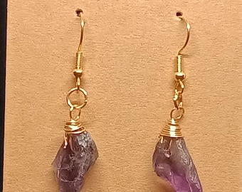 Raw Amethyst Crystal Earrings, Gold Wire Wrapped Boho Jewelry