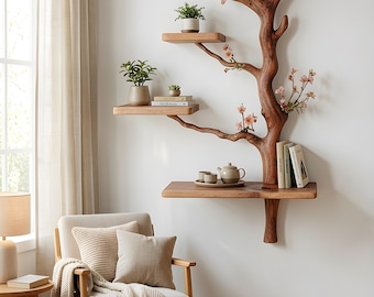 Handcrafted Solid Wood Tree Wall Shelf – Organic Sculptural Floating Display