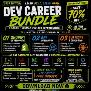 Dev Career Bundle | Shopify API DevOps Bug Fixing Roadmaps | Beginner to Expert Coding Career Guide PDF | Freelance Developer Kit
