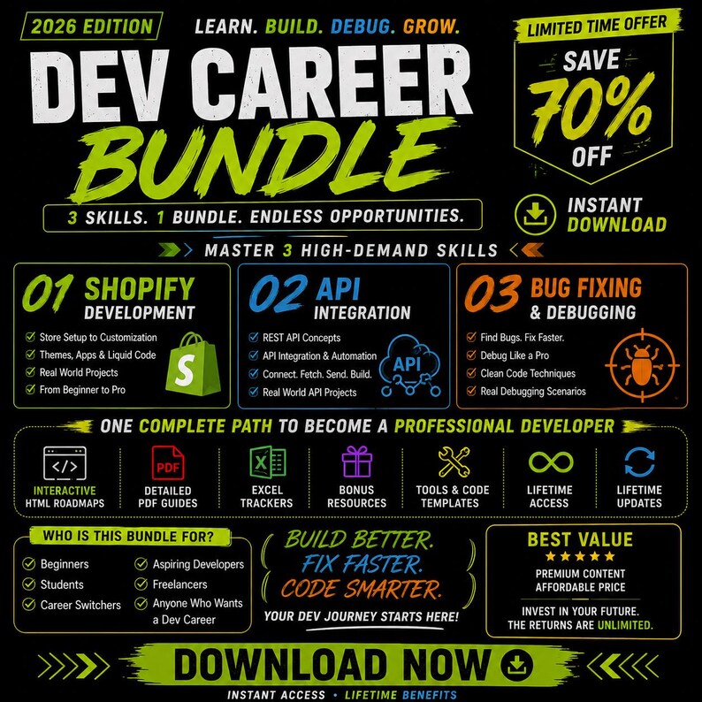 Dev Career Bundle | Shopify API DevOps Bug Fixing Roadmaps | Beginner to Expert Coding Career Guide PDF | Freelance Developer Kit image 1