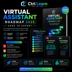May include: A digital product bundle titled Virtual Assistant Roadmap 2026, featuring a guide, learning ebook, and progress tracker. The design uses black backgrounds with neon blue and green text, icons, and graphics detailing a step-by-step career path.
