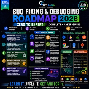 May include: A digital download infographic titled Bug Fixing & Debugging Roadmap 2026, featuring a career guide with sections on learning journeys, tools, salary insights, and practical projects. The layout uses blue, green, and orange accents.