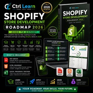 May include: A digital educational product titled Shopify Store Development Roadmap 2026, featuring a book, laptop, and smartphone displaying a learning path, progress tracker, and icons for PDF, HTML, and Excel tools on a dark background.