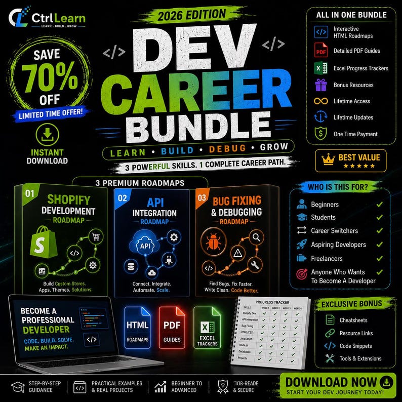 Dev Career Bundle | Shopify API DevOps Bug Fixing Roadmaps | Beginner to Expert Coding Career Guide PDF | Freelance Developer Kit image 3