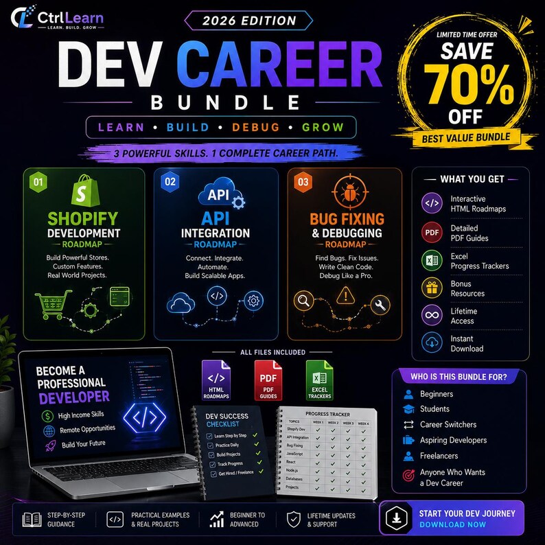 Dev Career Bundle | Shopify API DevOps Bug Fixing Roadmaps | Beginner to Expert Coding Career Guide PDF | Freelance Developer Kit image 2