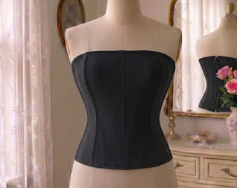 Minimalist Black Corset Top | Zip-Up Strapless Bustier | Modern Gothic Bodice | Everyday Boned Tube Top