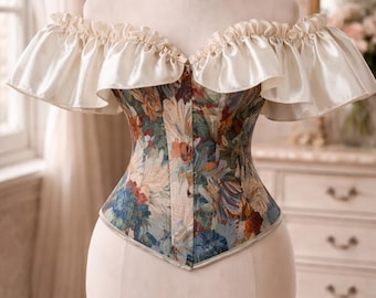 Vintage Tapestry Floral Corset Top | Renaissance Faire Strapless Bustier, Cottagecore Boning Bodice, Stretchy Back