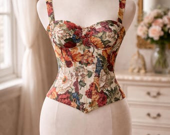 Top corsé floral renacentista / Bustier de tapiz vintage con ballenas / Corpiño de tirantes estilo cottagecore