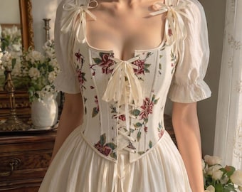 Vintage Tapestry Floral Corset Top | Renaissance Faire Lace Up Bustier, Cottagecore Ribbon Strap Bodice