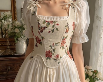 Top corsé vintage con tapiz floral / Bustier con ballenas y cordones en la espalda / Estilo cottagecore, feria renacentista, estilo fairycore