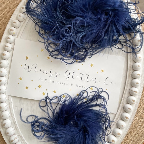 Navy Blue Curly Ostrich Feather poof Maribou satin bloom singed flower burned satin supply DIY