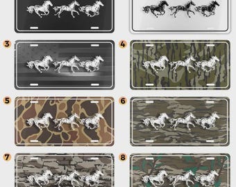 May include: License plates with a horse theme. The plates feature running horse silhouettes in various designs, including black, white, camouflage, and an American flag motif. The plates are rectangular with rounded corners.
