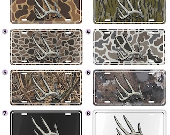 Deer Antler Camo License Plate, Hunting Vanity Tag, Buck Hunter Truck Decor, Rustic Wildlife Auto Plate, 12x6 Aluminum Gift