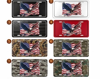May include: License plates featuring an American flag and a bald eagle design. The plates come in various colors and patterns, including black, white, red, camouflage, and a dark grey American flag background. The eagle is depicted with outstretched wings.