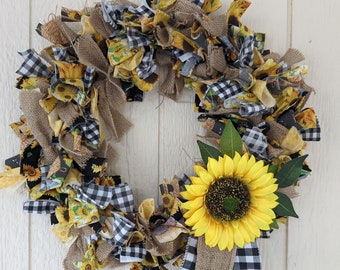 Cheery sunflower rag wreath, 16" round, all new materials ready for your door or wall.