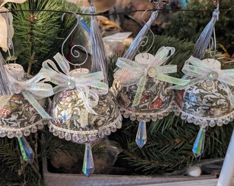 Floral print Christmas ornaments with aurora tinted clear pearls and prism crystal "tassel".