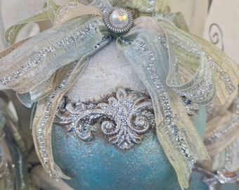 Pale blue, white and silver Christmas ornaments with aurora tinted crystal prism "tassel".