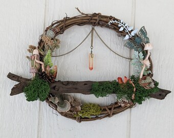 10" Woodland fairy wreath with mushrooms, crystals, mosses and butterfly.