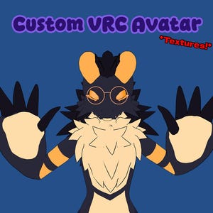 May include: A digital illustration of a custom VRC avatar with a furry design. The avatar has a black and orange color scheme, round glasses, and a fluffy chest. The text "Custom VRC Avatar" is displayed in purple, and "Textures!" in red.