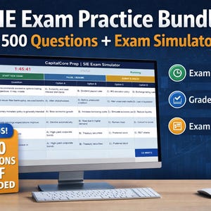 May include: A desktop computer screen shows an exam simulator interface with multiple-choice questions. The screen displays the text "SIE Exam Practice Bundle" and "500 Questions + Exam Simulator." A bonus PDF with 500 questions is included. Features include an exam timer, grade & review, and exam simulation.