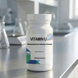 May include: A white Vitamin U supplement bottle with a white cap. The label includes the text "Vitamin U" and "Methylmethionine Sulfonium Chloride". The label also features a holographic sticker and a geometric design with blue and green shapes. The bottle contains 500mg/capsule.