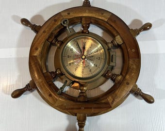 Vintage Chadburns Nautical Porthole Ship Wheel Wall Clock Wooden Brass 18 1/2”