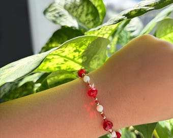 Cherry Glow Red Glass Beaded Bracelet, Gold Accent, Stackable Jewelry, Dainty Everyday Bracelet, Gift for Her
