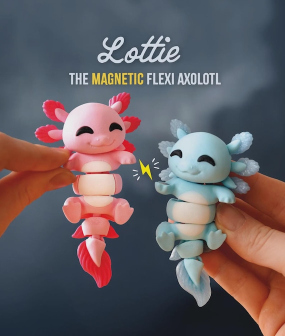 Lottie the Flexi Axolotl | Articulated 3D Printed Fidget Toy | Magnetic Hand-Holding Companion | Cute Desk Pet
