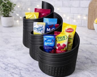 Organizador de mezclas para bebidas: soporte para paquetes con 3 compartimentos para guardar sobre la encimera.