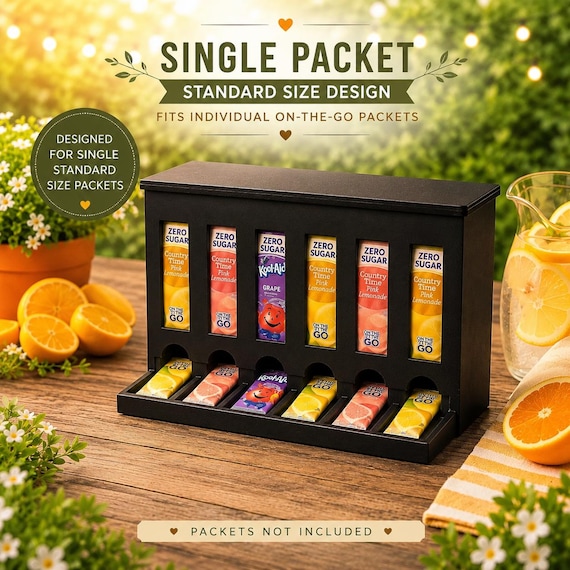 6 Slot Drink Packet Organizer | Gravity Fed Dispenser | Kool Aid, Crystal Light Holder | Kitchen Counter Storage | Pantry Organizer