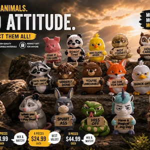 May include: A collection of fourteen small animal figurines, including a pig, panda, chick, sloth, owl, raccoon, cow, bear, fox, duck, opossum, donkey, snake, unicorn, and squirrel, each holding a sign with sassy text and expressive faces.