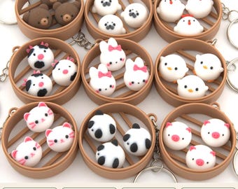Llaveros de animales Dim Sum - Adornos Kawaii para bolsos - Vaca, cerdo, pollo, gato y unicornio