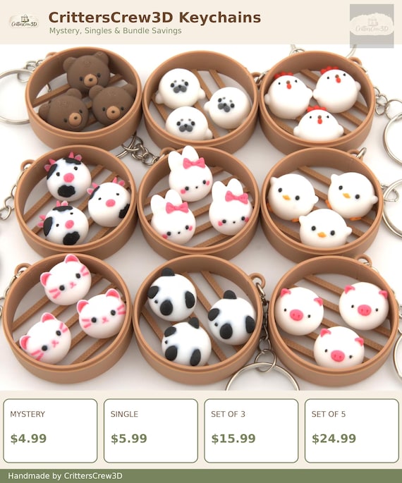 Dim Sum Animal Keychains- Kawaii Bag Charms- Cow, Pig, Chicken, Cat & Unicorn