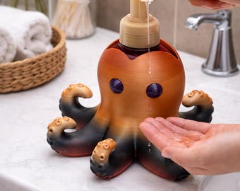 Dispensador de jabón con forma de pulpo impreso en 3D / Decoración de baño con degradado naranja quemado