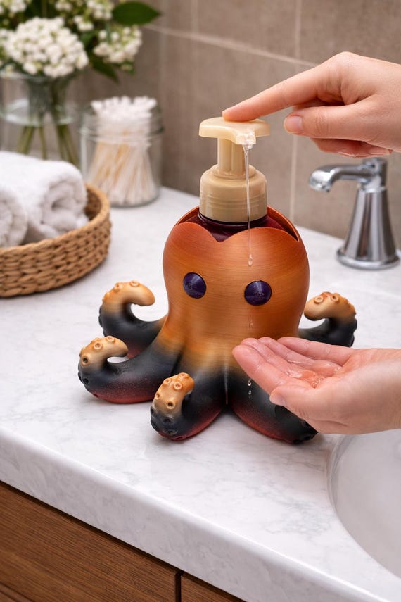 3D Printed Octopus Soap Dispenser Holder | Burnt Orange Gradient Bathroom Decor