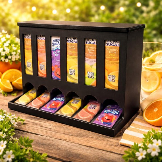 6 Slot Drink Packet Organizer | Gravity Fed Dispenser | Kool Aid, Crystal Light Holder | Kitchen Counter Storage | Pantry Organizer
